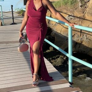 Club L London Burgundy Cowl-Neck Wrap Maxi Dress With Floral Drape